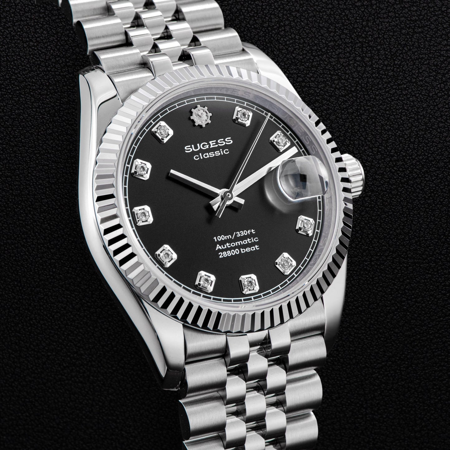 Automatic Classic S447 Black Dial Crystal Indices Fluted Bezel Jubilee Bracelet ST2130