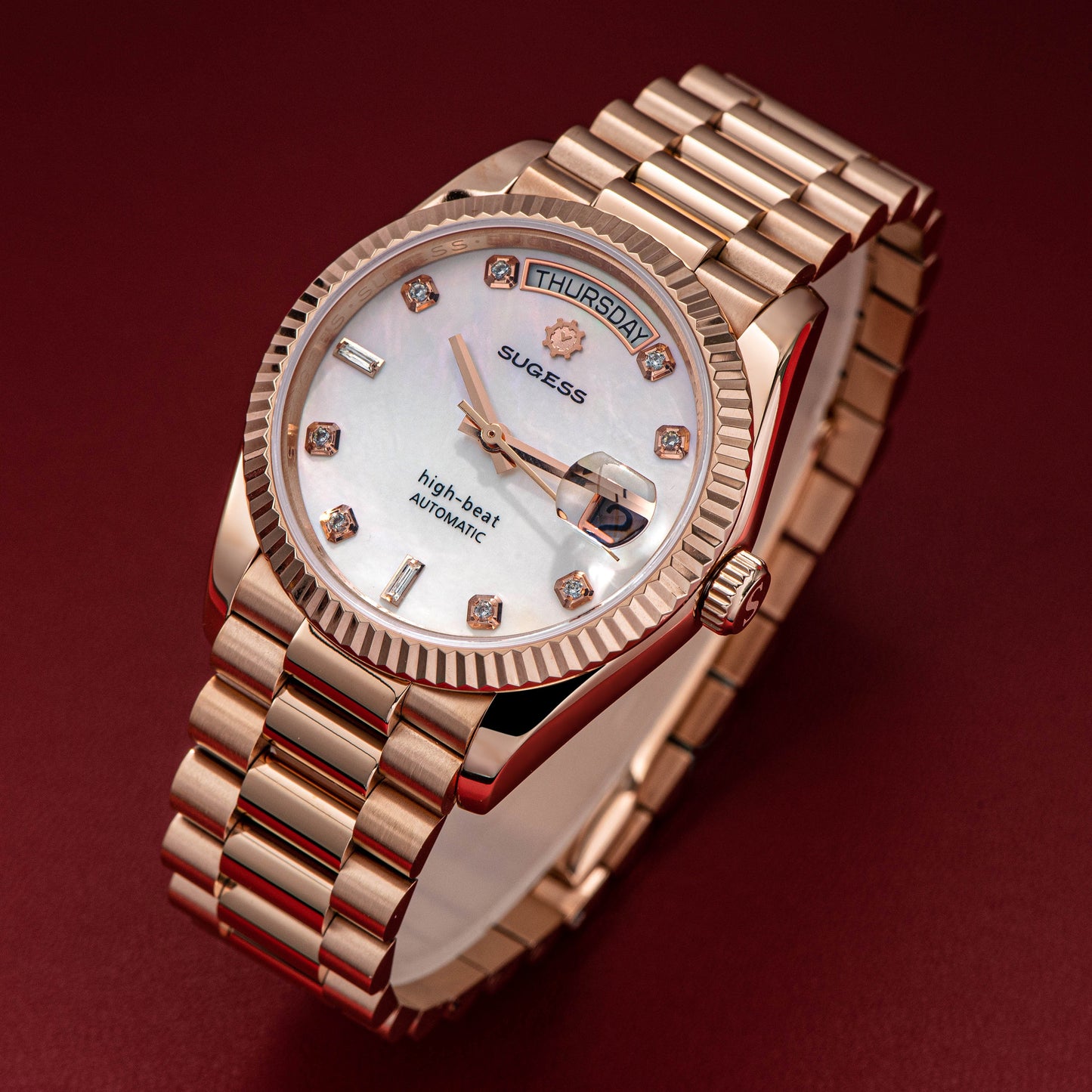 Heritage S449 DD Date and Day Display DD36 36mm Rose Gold White Pearl Dial Automatic