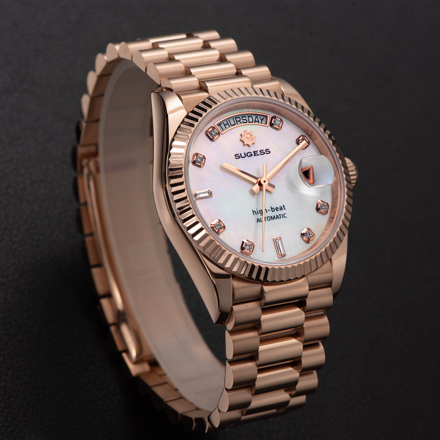 Heritage S449 DD Date and Day Display DD36 36mm Rose Gold White Pearl Dial Automatic