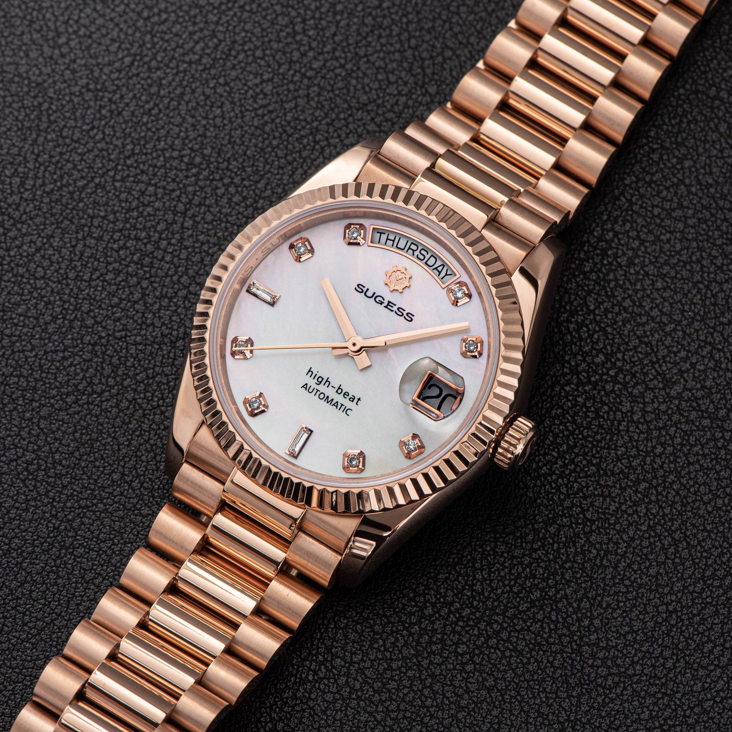 Heritage S449 DD Date and Day Display DD36 36mm Rose Gold White Pearl Dial Automatic