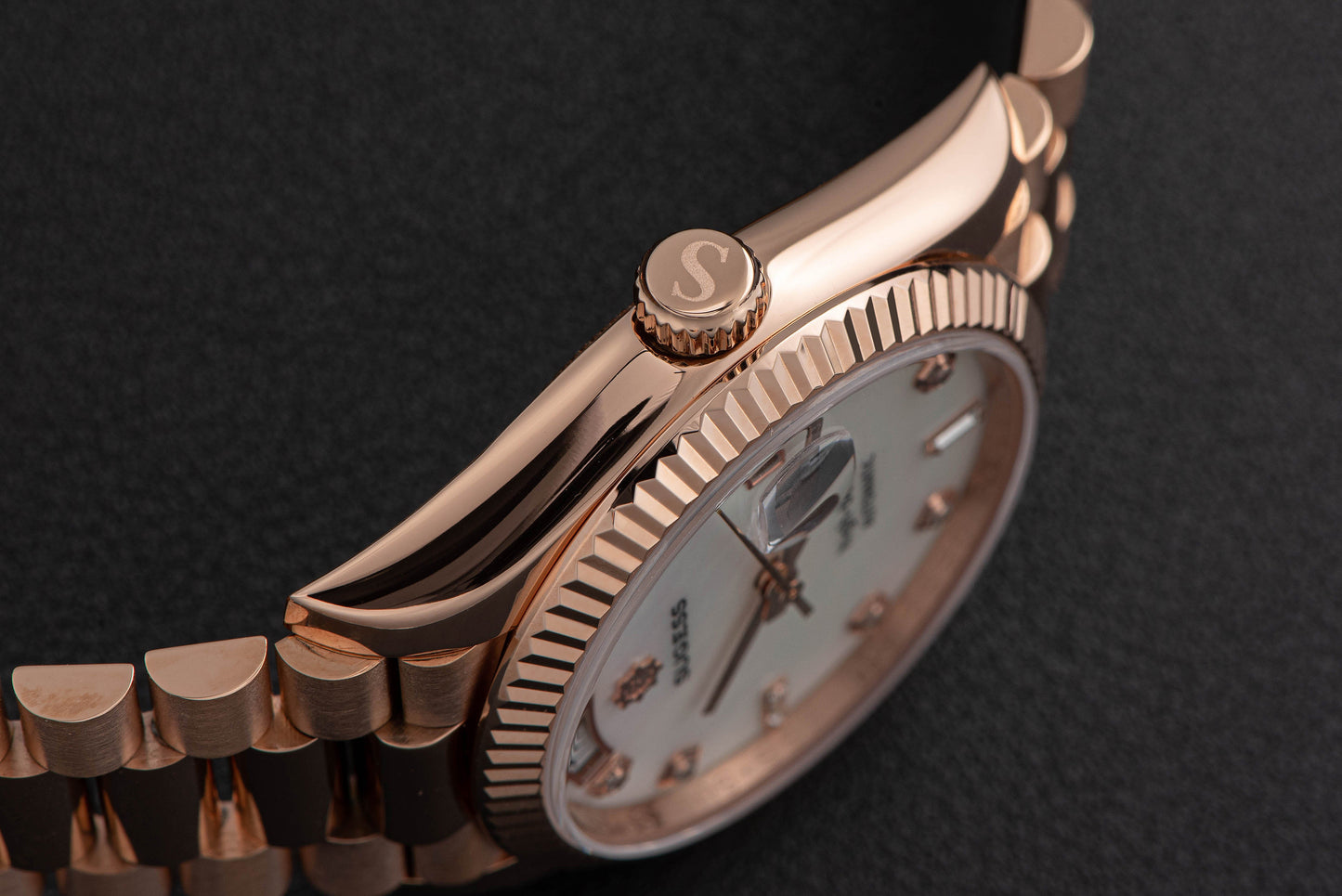 Heritage S449 DD Date and Day Display DD36 36mm Rose Gold White Pearl Dial Automatic
