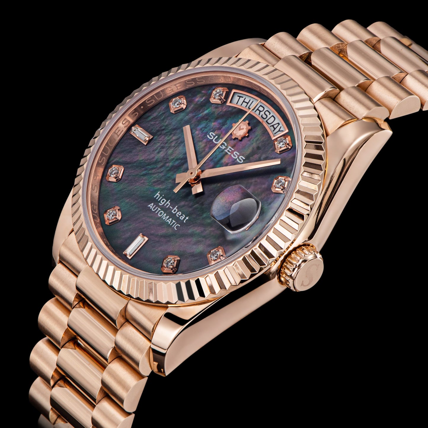 Heritage S449 DD Date and Day Display DD36 36mm Rose Gold Black Pearl Dial Automatic