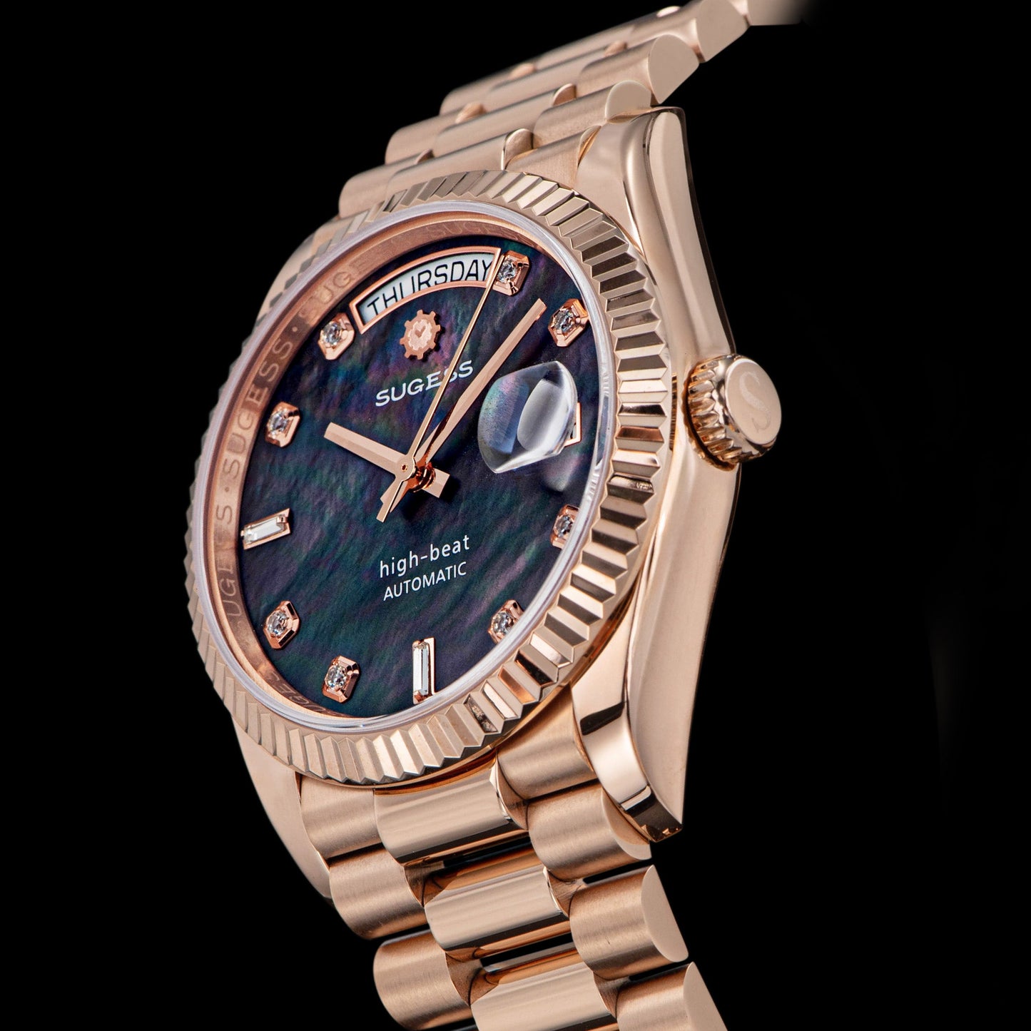 Heritage S449 DD Date and Day Display DD36 36mm Rose Gold Black Pearl Dial Automatic