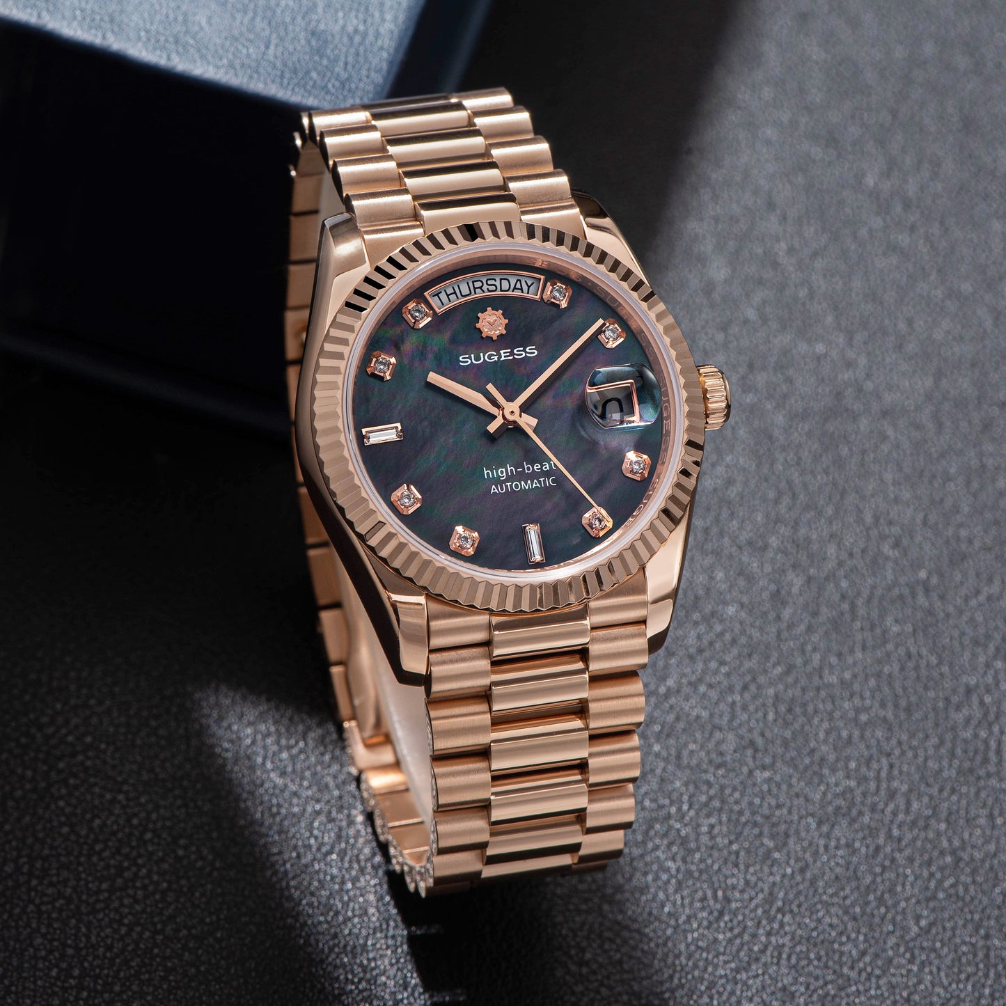 Heritage S449 DD Date and Day Display DD36 36mm Rose Gold Black Pearl Dial Automatic