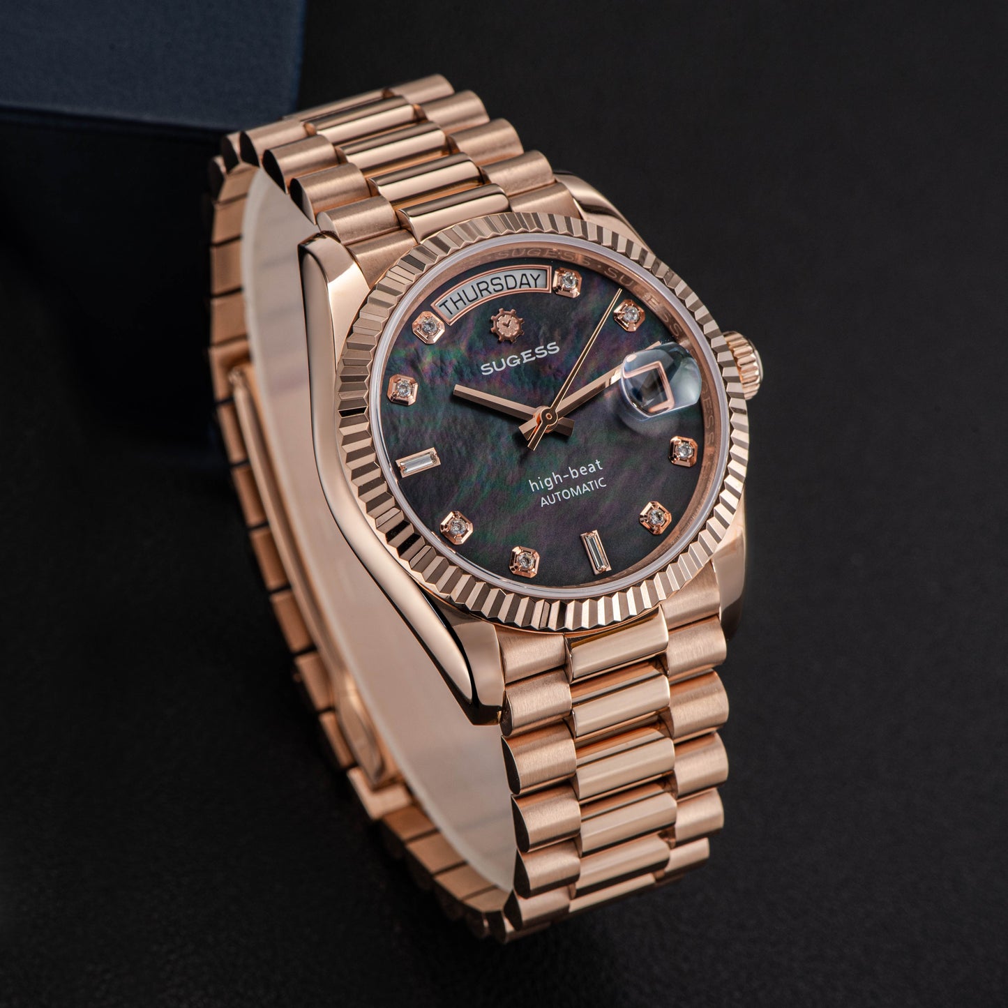 Heritage S449 DD Date and Day Display DD36 36mm Rose Gold Black Pearl Dial Automatic