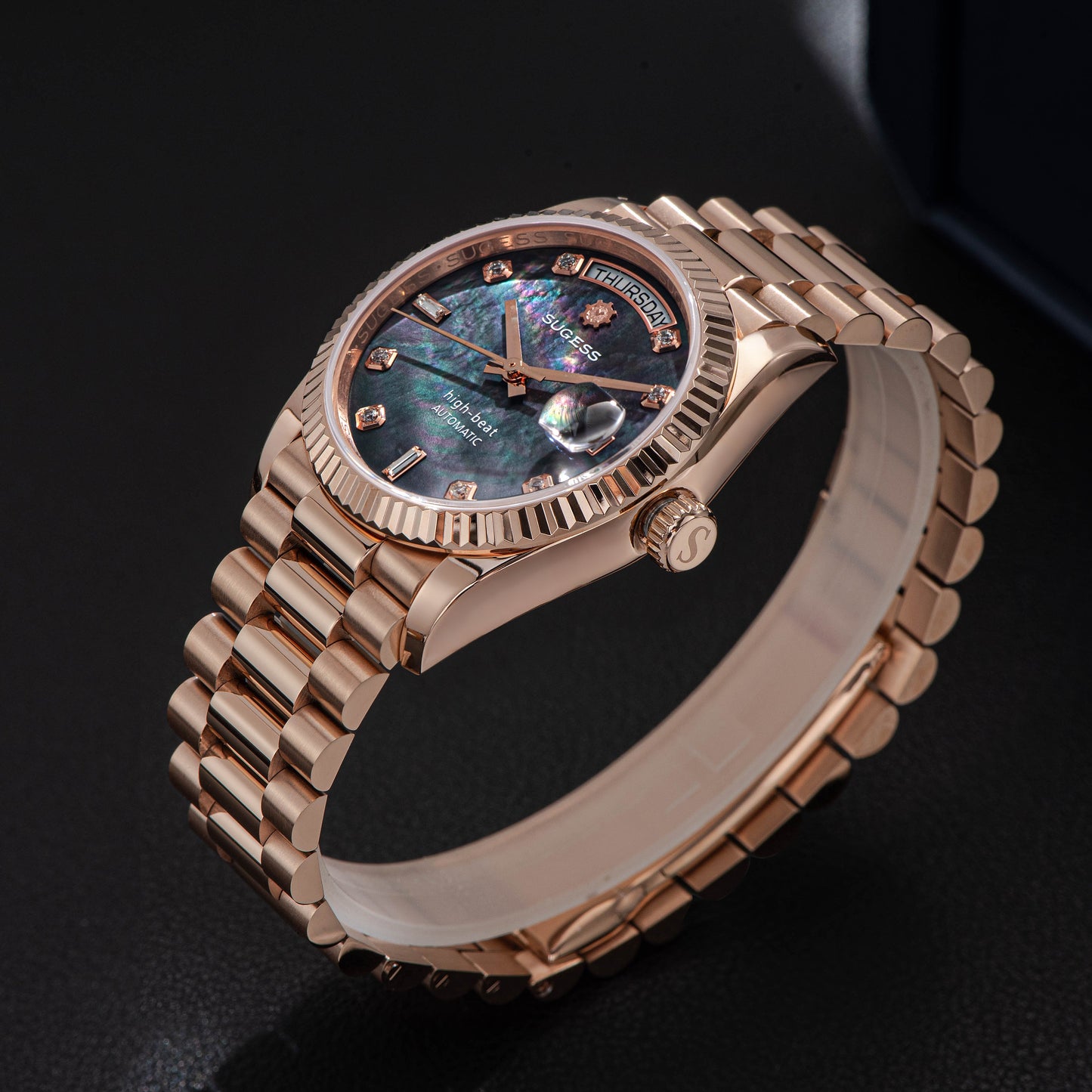 Heritage S449 DD Date and Day Display DD36 36mm Rose Gold Black Pearl Dial Automatic