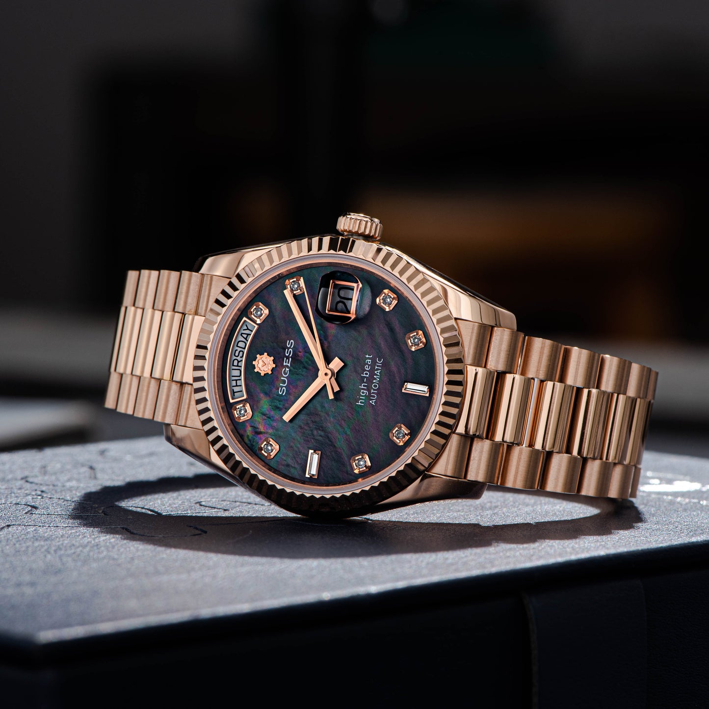 Heritage S449 DD Date and Day Display DD36 36mm Rose Gold Black Pearl Dial Automatic