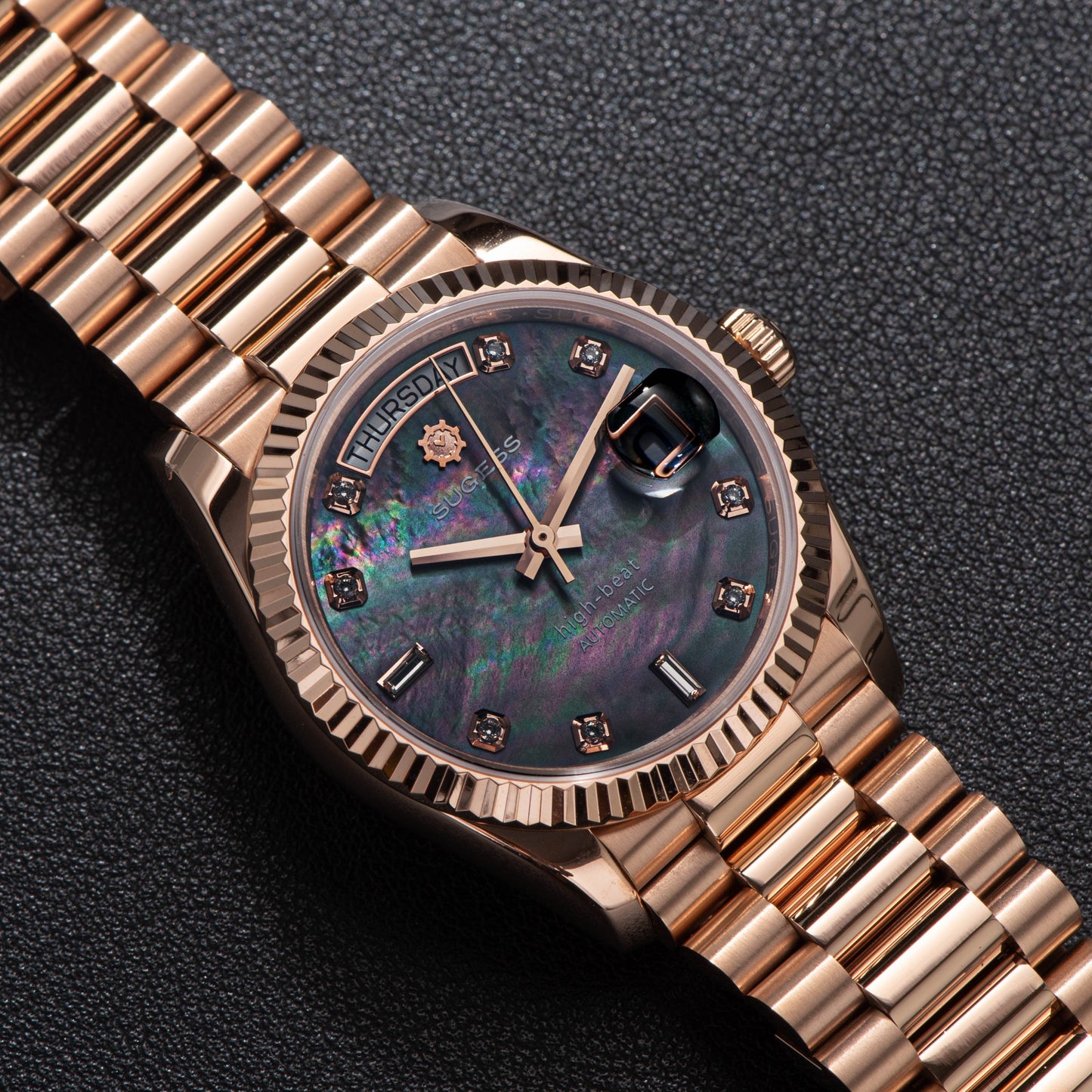 Heritage S449 DD Date and Day Display DD36 36mm Rose Gold Black Pearl Dial Automatic