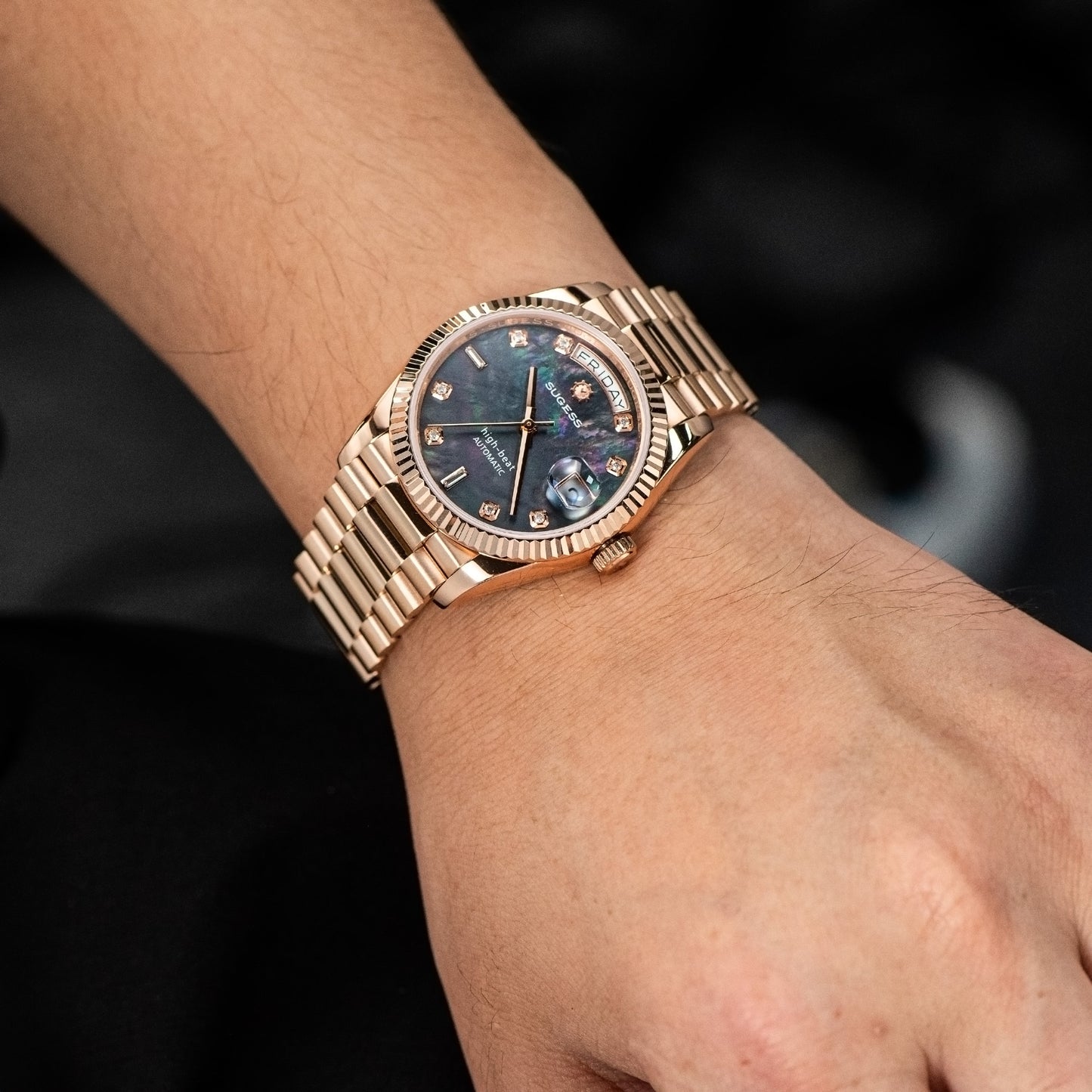 Heritage S449 DD Date and Day Display DD36 36mm Rose Gold Black Pearl Dial Automatic