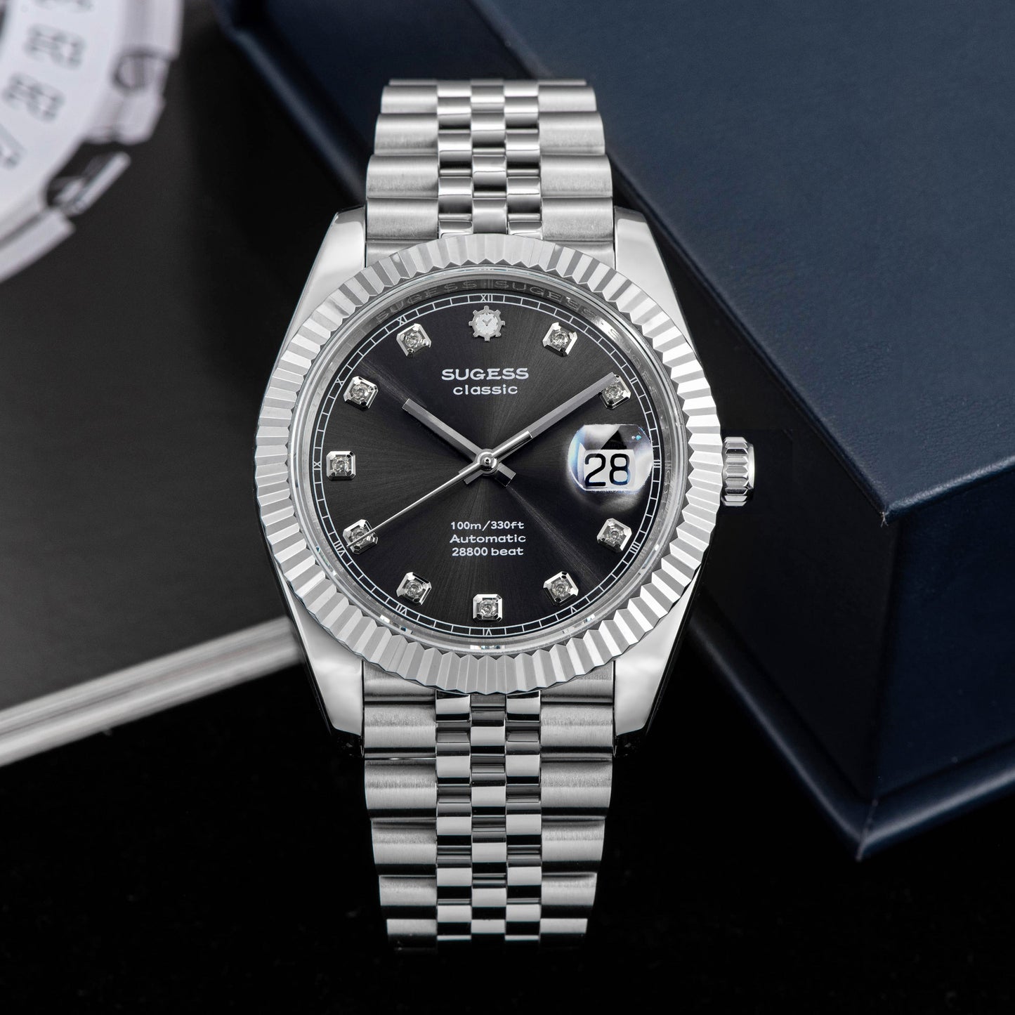 Automatic Classic S448 Grey Dial Crystal Indices Fluted Bezel Jubilee Bracelet ST2130