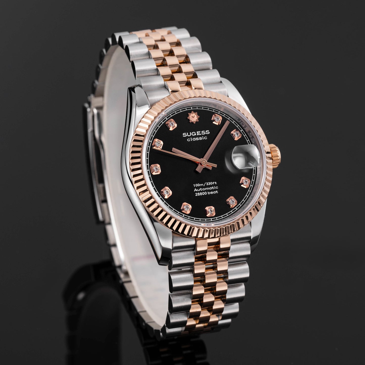 Automatic Classic S447 Black Dial Crystal Indices Rose Gold Two Tone Fluted Bezel Jubilee Bracelet ST2130