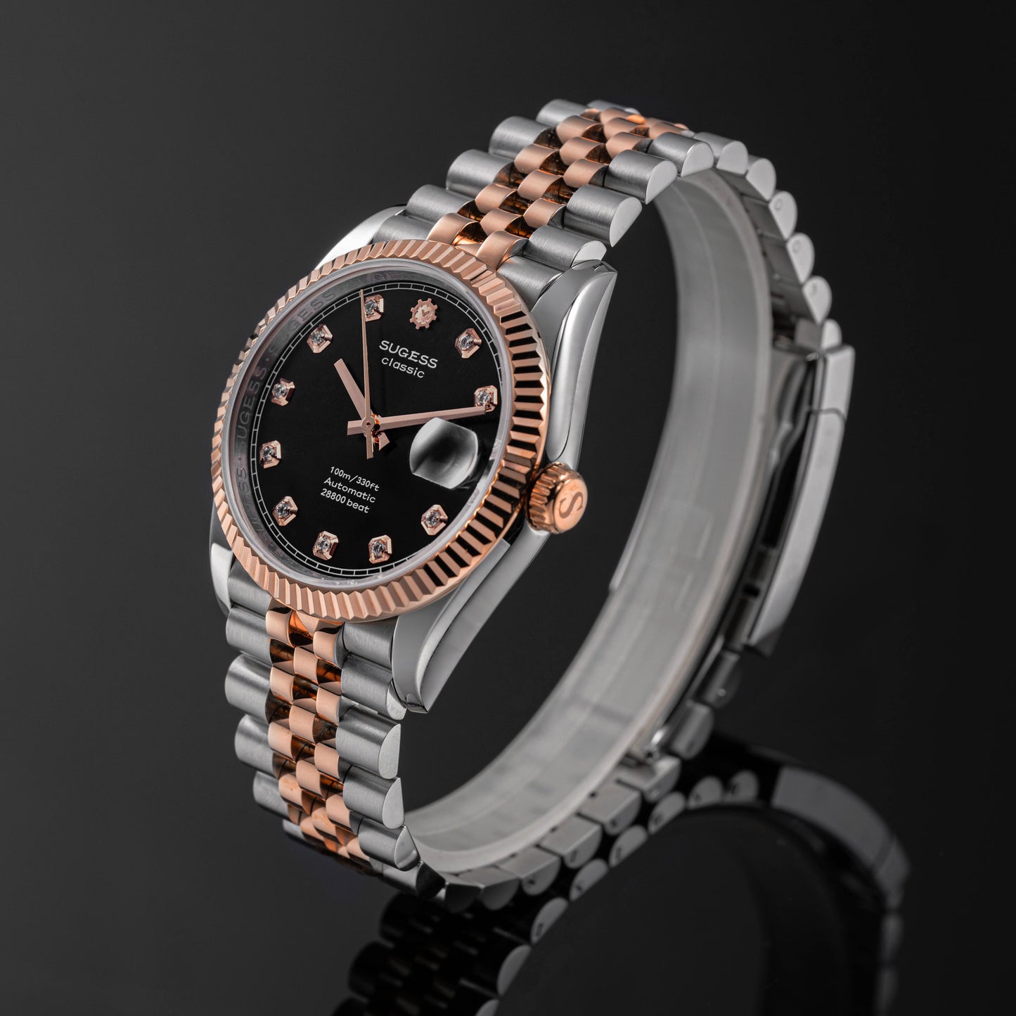 Automatic Classic S447 Black Dial Crystal Indices Rose Gold Two Tone Fluted Bezel Jubilee Bracelet ST2130