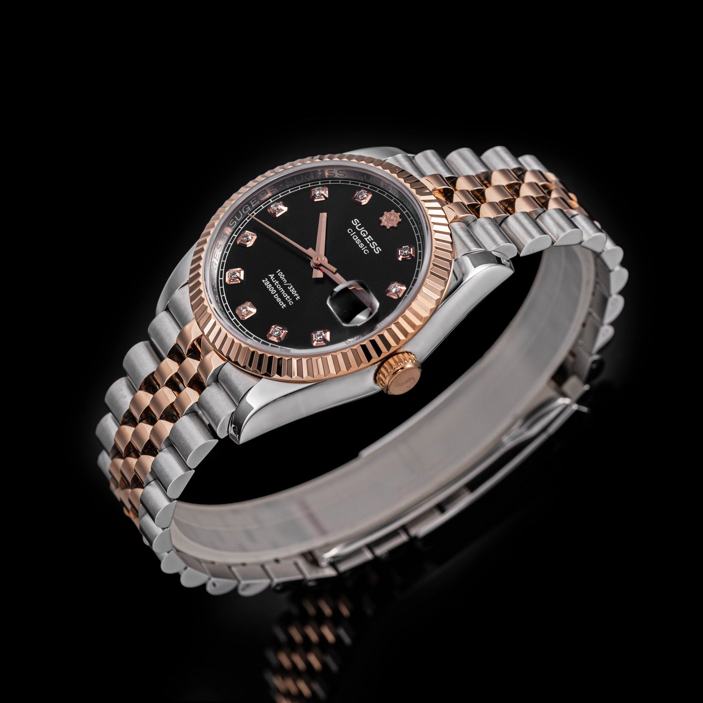 Automatic Classic S447 Black Dial Crystal Indices Rose Gold Two Tone Fluted Bezel Jubilee Bracelet ST2130