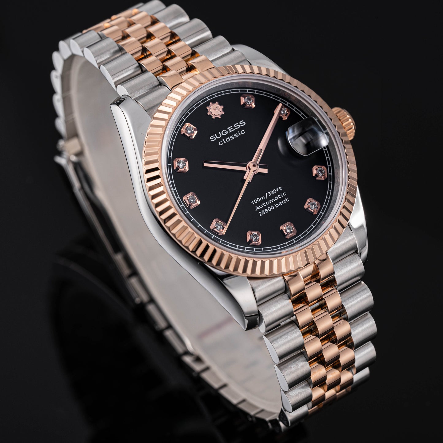 Automatic Classic S447 Black Dial Crystal Indices Rose Gold Two Tone Fluted Bezel Jubilee Bracelet ST2130