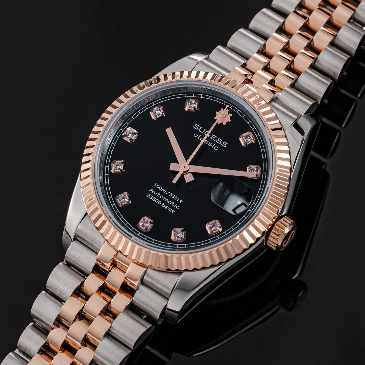 Automatic Classic S447 Black Dial Crystal Indices Rose Gold Two Tone Fluted Bezel Jubilee Bracelet ST2130