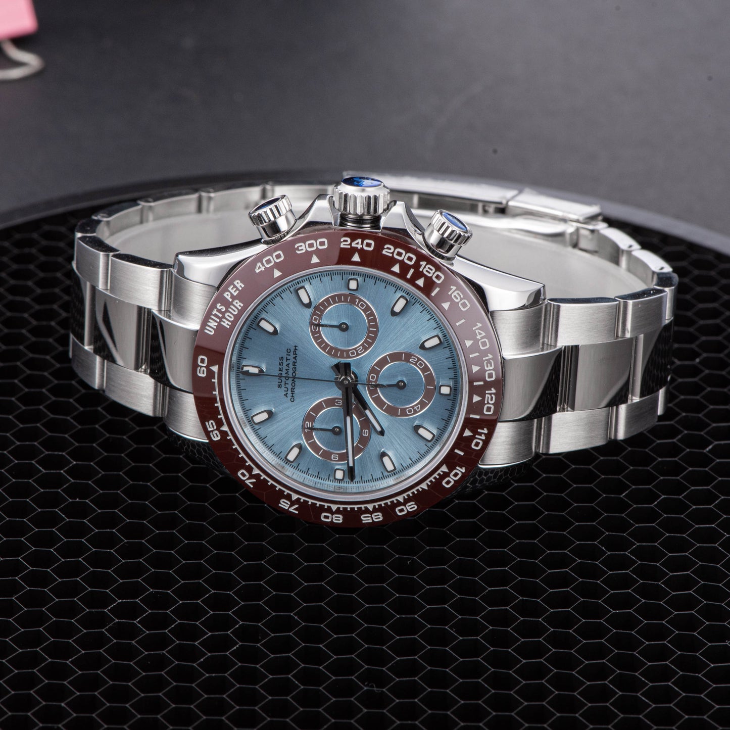 Top Chronometer Panda Blue Dial Brown Bezel Chronograph SU007DAY